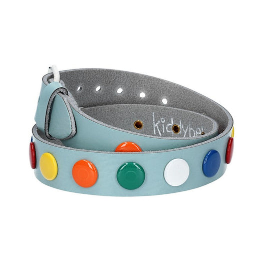Ledergürtel Kids 25mm in Hellblau mit bunten Nieten und Rollschließe Weiß - leder-accessoires.com