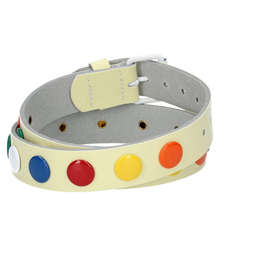 Ledergürtel Kids 25mm in Hellgelb mit bunten Nieten und Rollschließe Weiß - leder-accessoires.com