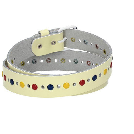 Ledergürtel Kids 25mm in Hellgelb mit durchgehender Lochung, bunten Nieten und weißer Rollschließe - leder-accessoires.com