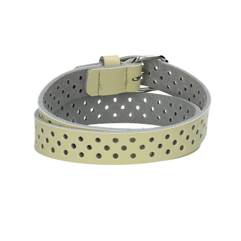 Ledergürtel Mini 20mm in Hellgelb mit durchgehender Lochung und dunkler Rollschließe - leder-accessoires.com