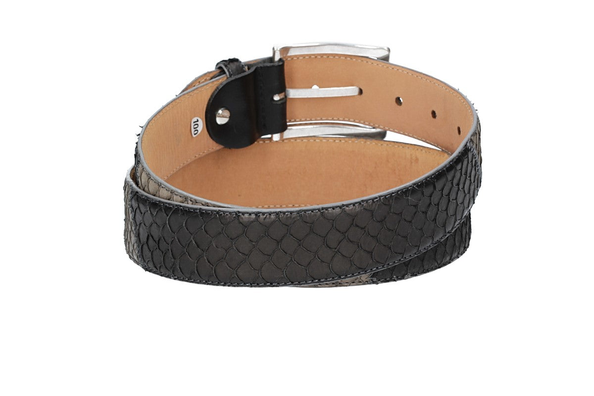 Schlangenledergürtel 40mm Grau|Schwarz mit Schließe in Silber - leder-accessoires.com
