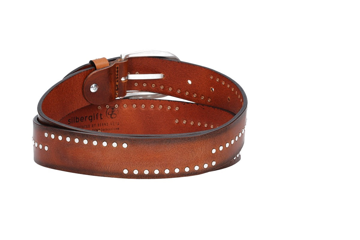 Nietengürtel 35mm in Cognac mit Airbrushkante und Dornschließe Silber - leder-accessoires.com