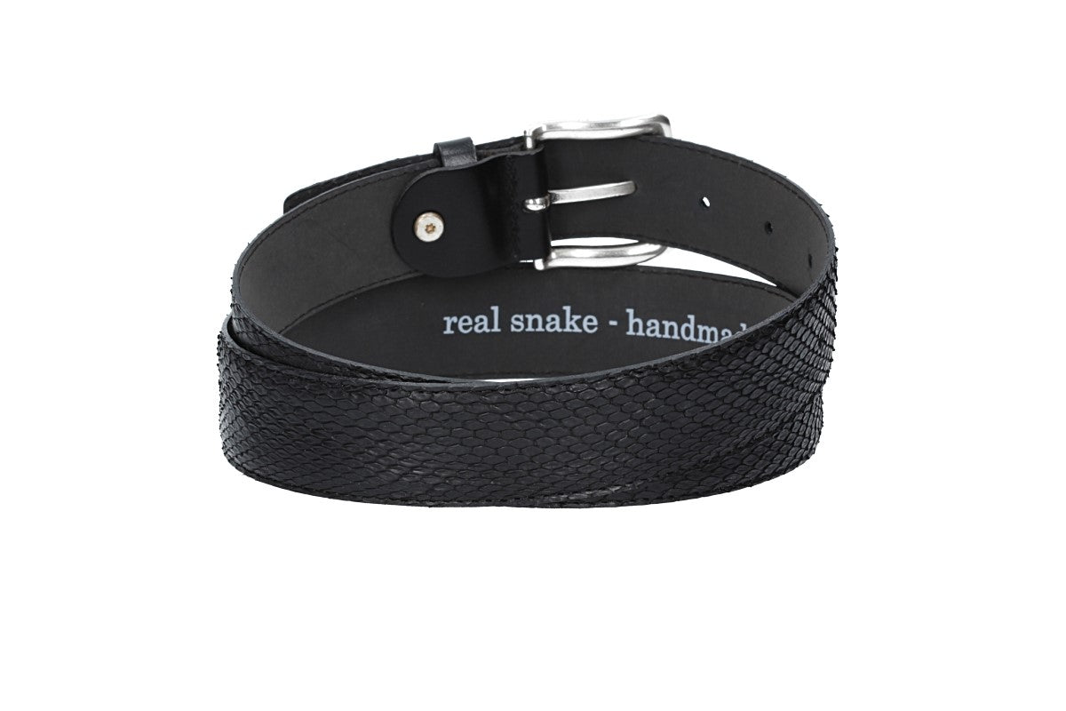 Schlangenledergürtel 35mm Schwarz mit Schließe in Silber - leder-accessoires.com