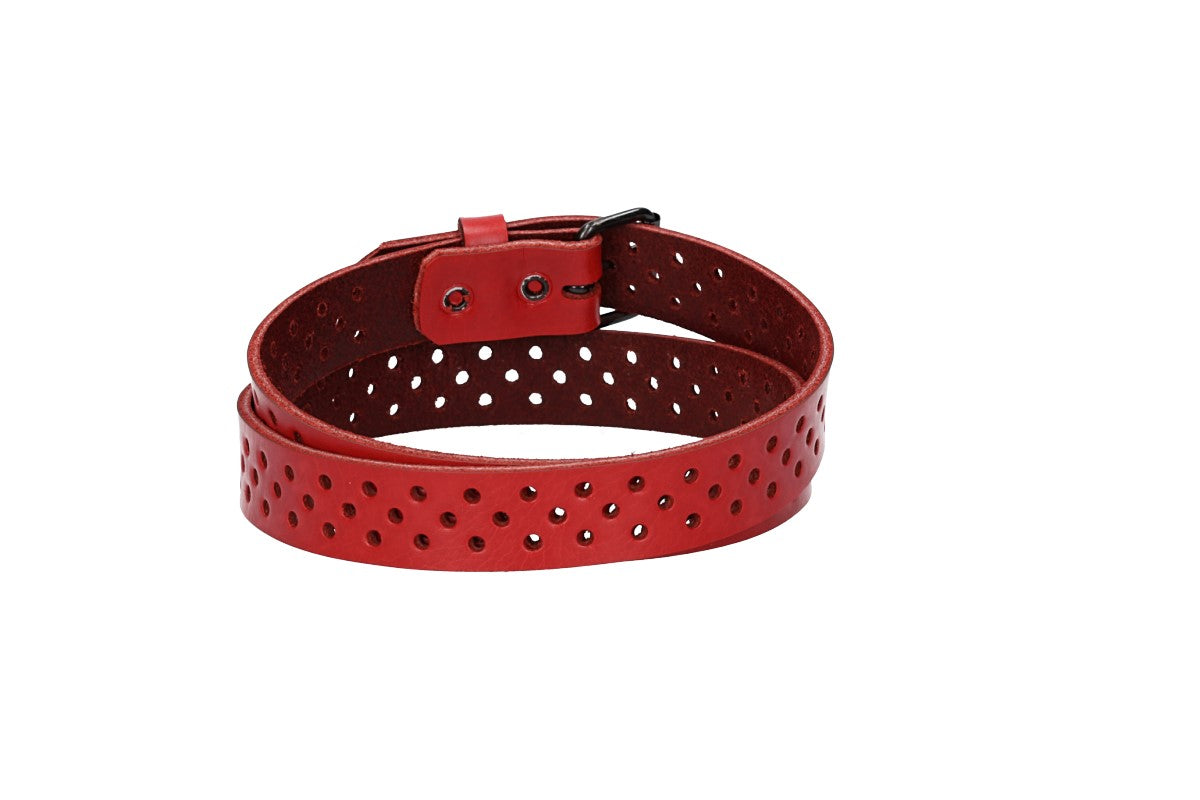 Ledergürtel Mini 20mm in Rot mit durchgehender Lochung und dunkler Rollschließe - leder-accessoires.com
