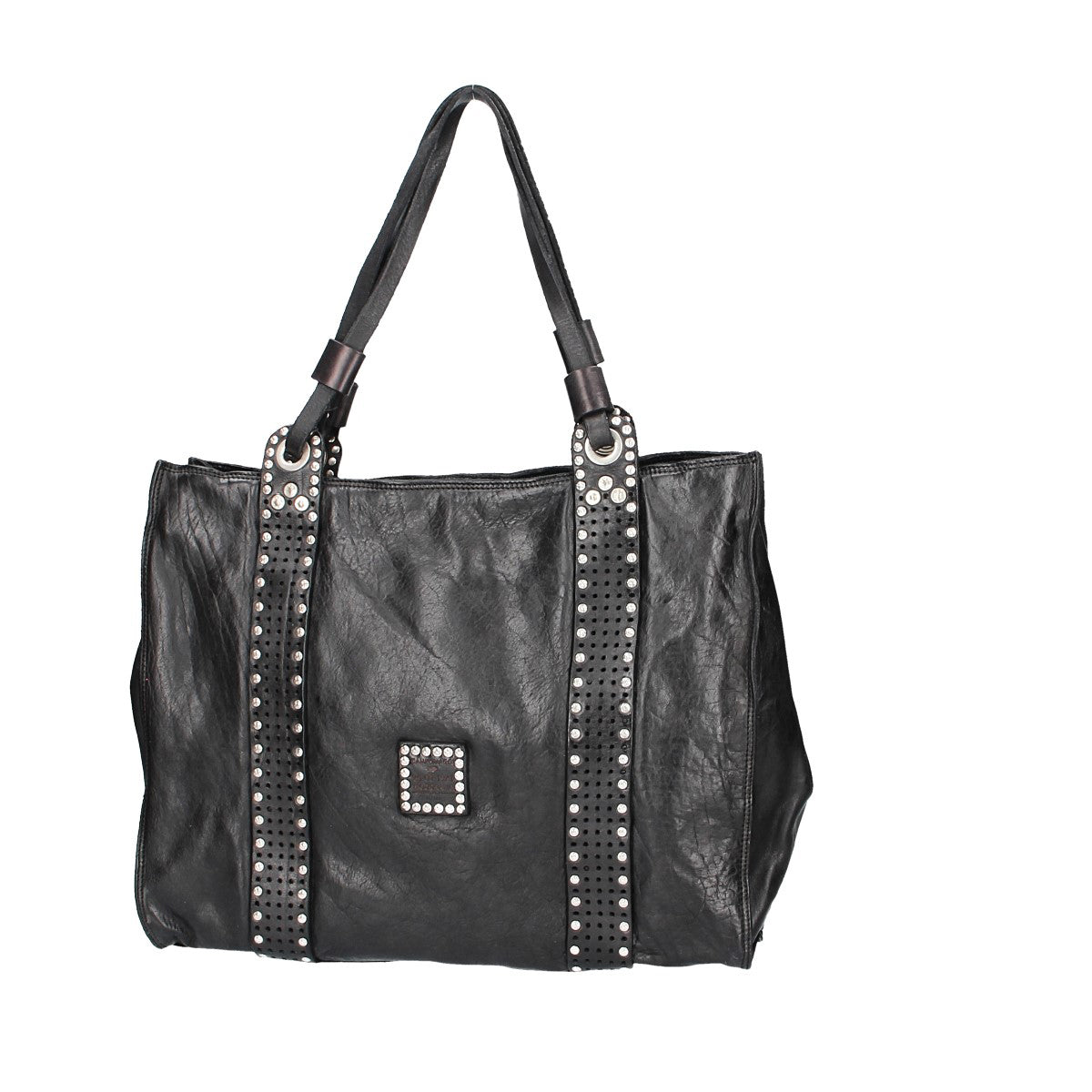 Ledershopper in Schwarz mit Reißverschluss und Ziernieten - leder-accessoires.com