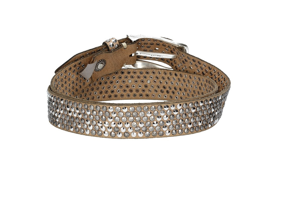 Nietengürtel 35mm in Taupe mit Pyramidennieten und Dornschließe Silber - leder-accessoires.com