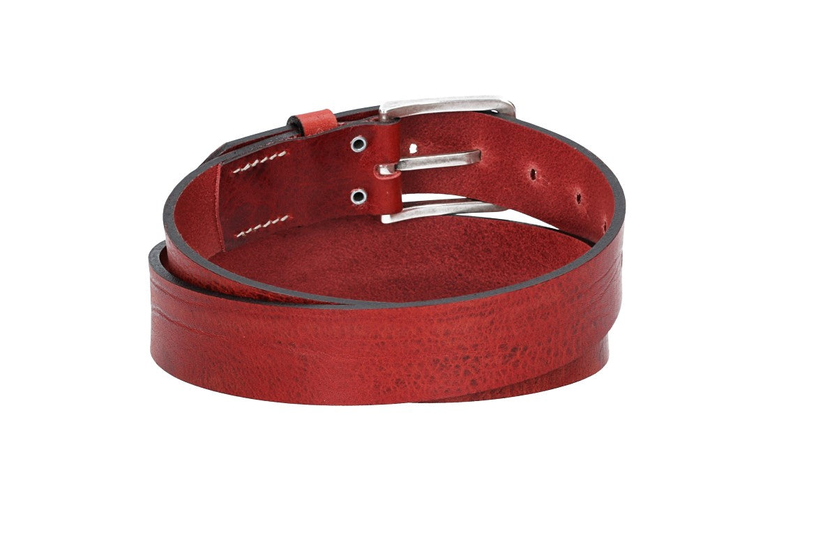 Hochwertiger Ledergürtel 35mm in Rot mit rustikaler Schließe in Silber
