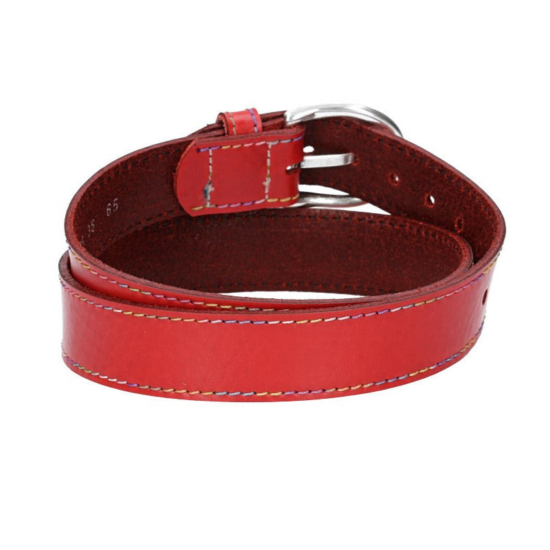 Ledergürtel Kids 25mm in Rot mit Multicolornaht und Dornschließe in Silber - leder-accessoires.com