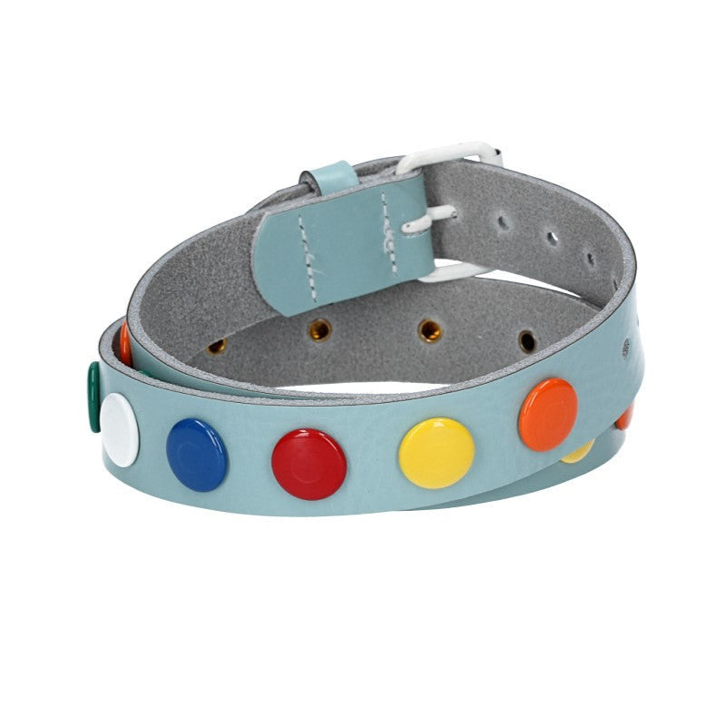 Ledergürtel Kids 25mm in Hellblau mit bunten Nieten und Rollschließe Weiß - leder-accessoires.com