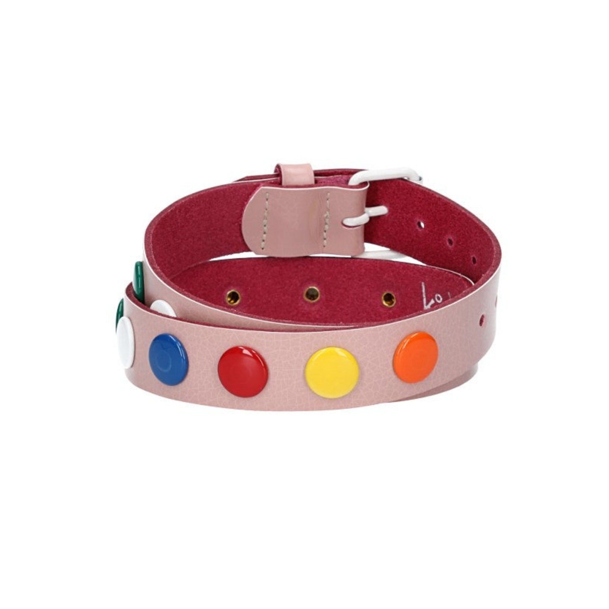 Ledergürtel Kids 25mm in Hellrosa mit bunten Nieten und Rollschließe Weiß - leder-accessoires.com
