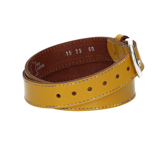 Ledergürtel Kids 25mm in Gelb mit Multicolornaht und Dornschließe in Silber - leder-accessoires.com