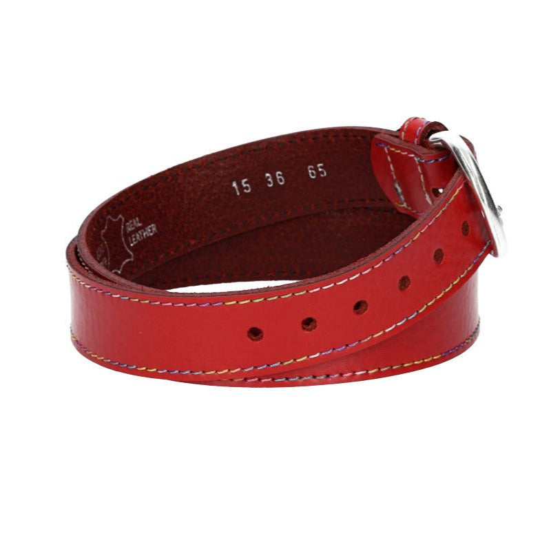 Ledergürtel Kids 25mm in Rot mit Multicolornaht und Dornschließe in Silber - leder-accessoires.com