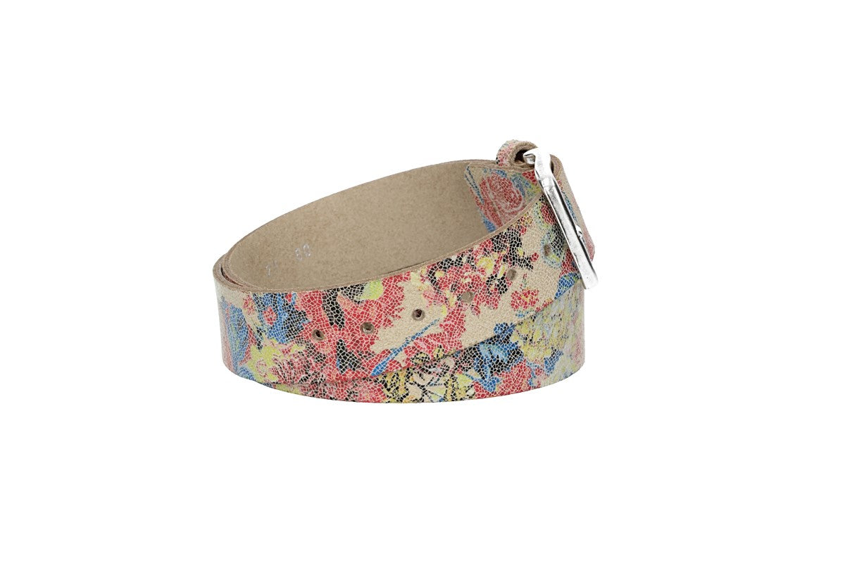 Ledergürtel Kids 30mm in Beige mit floralem Muster und Schließe Silber - leder-accessoires.com