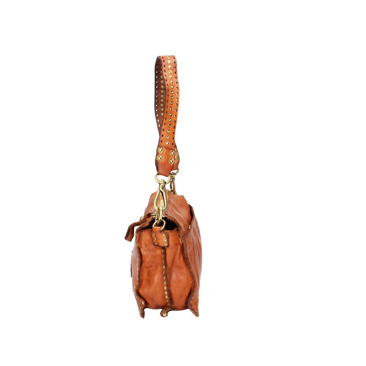 Umhängetasche in Cognac mit Reißverschluss und Nieten