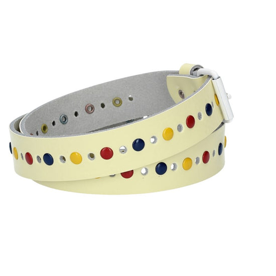 Ledergürtel Kids 25mm in Hellgelb mit durchgehender Lochung, bunten Nieten und weißer Rollschließe - leder-accessoires.com