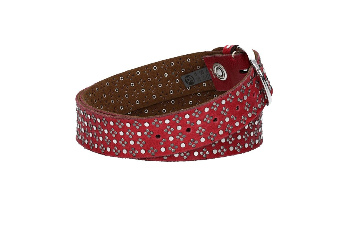 Nietengürtel 35mm in Rot und glänzende Dornschließe Silber - leder-accessoires.com