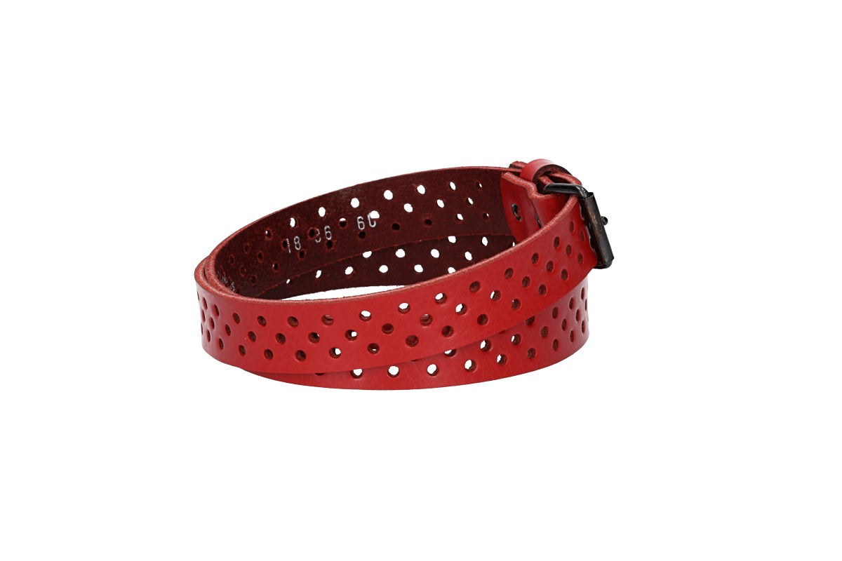 Ledergürtel Mini 20mm in Rot mit durchgehender Lochung und dunkler Rollschließe - leder-accessoires.com