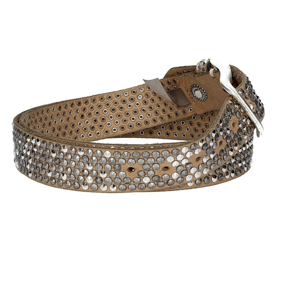 Nietengürtel 35mm in Taupe mit Pyramidennieten und Dornschließe Silber - leder-accessoires.com
