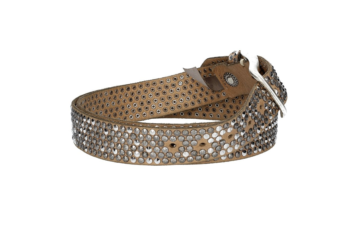 Nietengürtel 35mm in Taupe mit Pyramidennieten und Dornschließe Silber - leder-accessoires.com