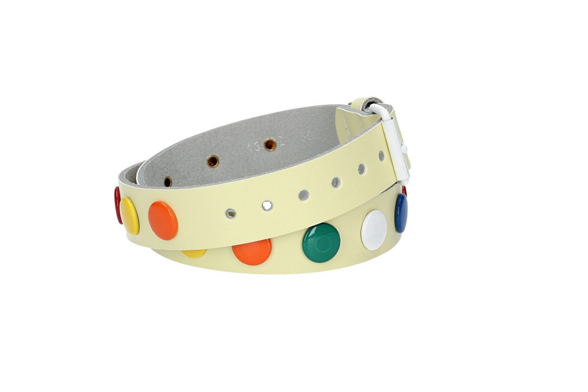 Ledergürtel Kids 25mm in Hellgelb mit bunten Nieten und Rollschließe Weiß - leder-accessoires.com
