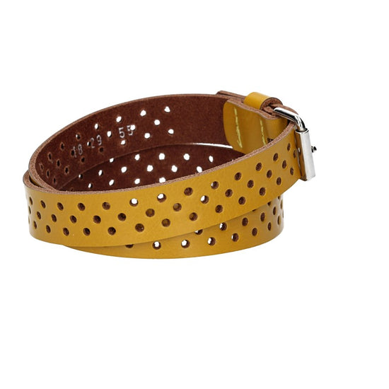 Ledergürtel Mini 20mm in Gelb mit durchgehender Lochung und dunkler Rollschließe - leder-accessoires.com