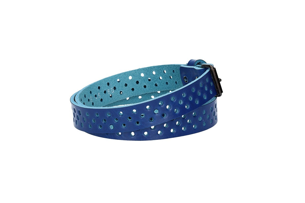 Ledergürtel Mini 20mm in Kobaltblau mit durchgehender Lochung und dunkler Rollschließe - leder-accessoires.com