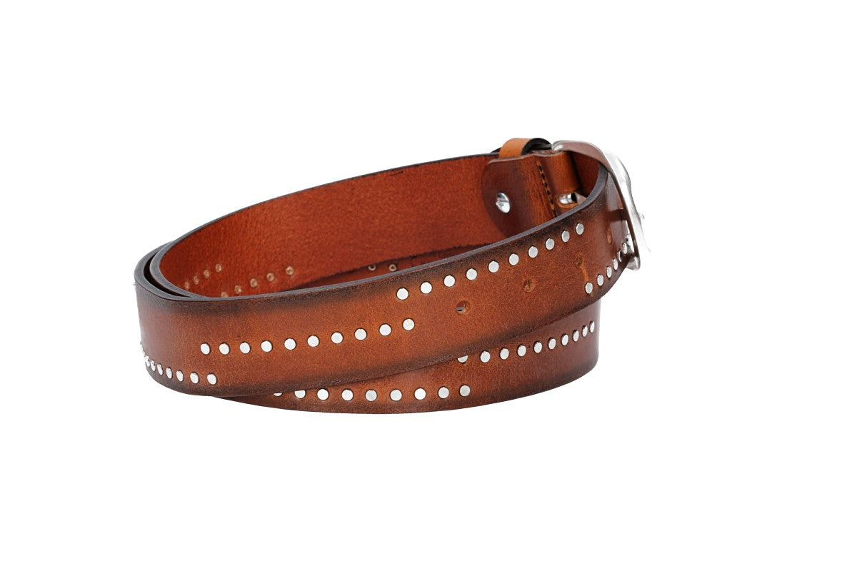 Nietengürtel 35mm in Cognac mit Airbrushkante und Dornschließe Silber - leder-accessoires.com
