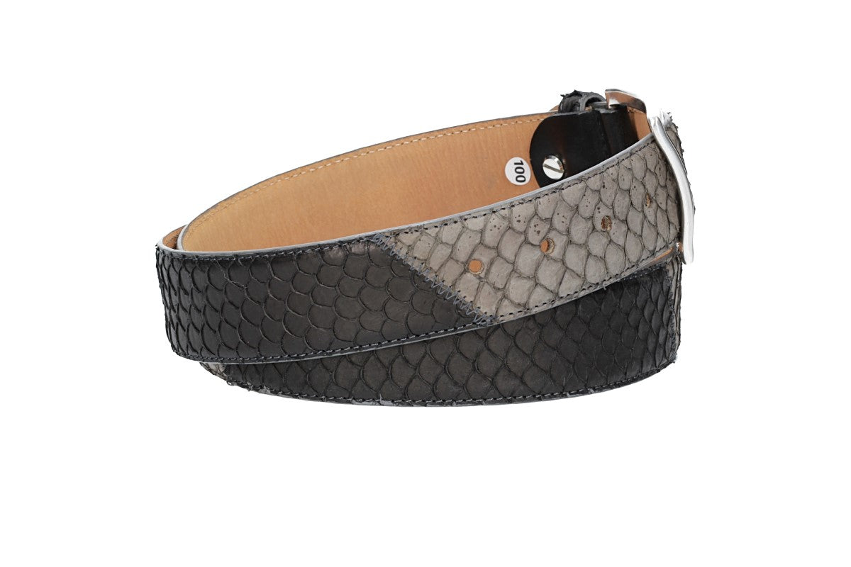 Schlangenledergürtel 40mm Grau|Schwarz mit Schließe in Silber - leder-accessoires.com
