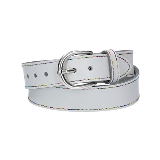 Ledergürtel Kids 25mm in Weiss mit Multicolornaht und Dornschließe in Silber - leder-accessoires.com