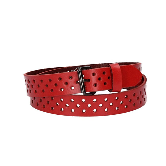 Ledergürtel Mini 20mm in Rot mit durchgehender Lochung und dunkler Rollschließe - leder-accessoires.com