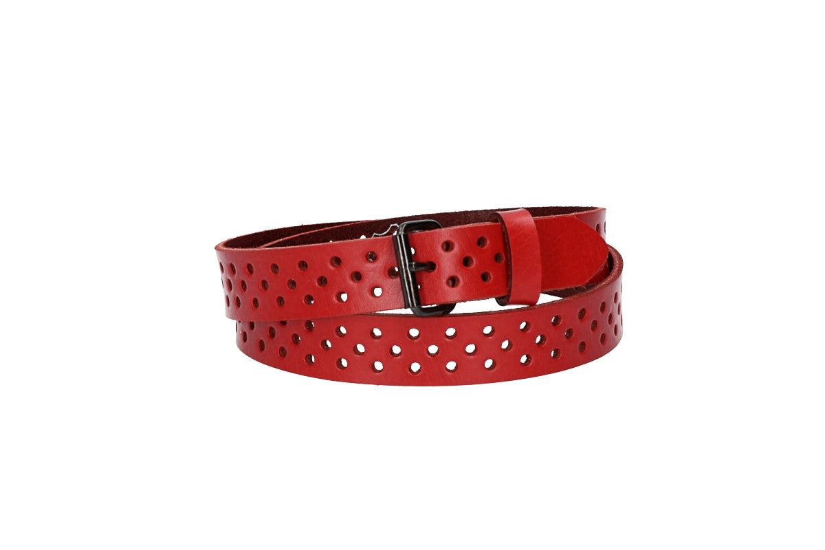 Ledergürtel Mini 20mm in Rot mit durchgehender Lochung und dunkler Rollschließe - leder-accessoires.com