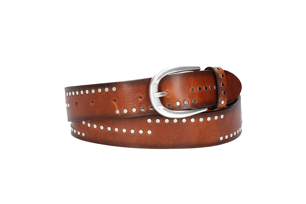 Nietengürtel 35mm in Cognac mit Airbrushkante und Dornschließe Silber - leder-accessoires.com