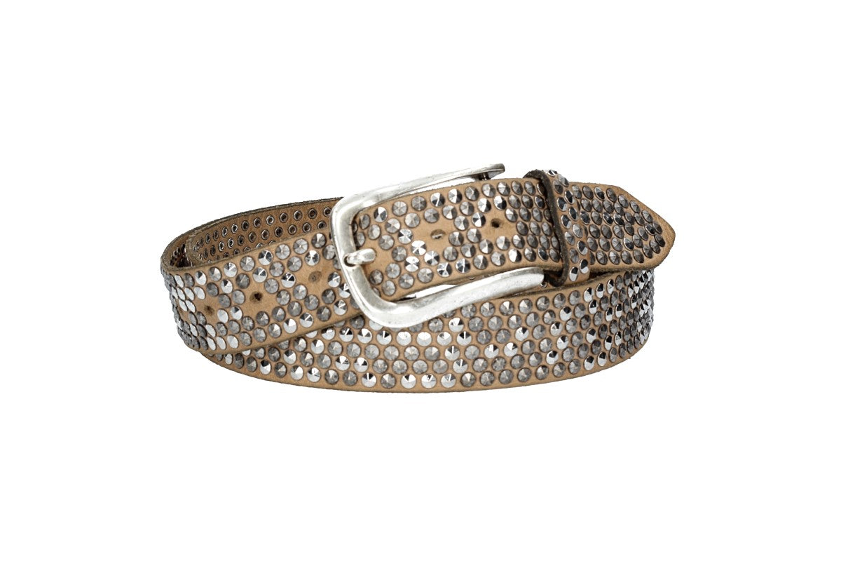 Nietengürtel 35mm in Taupe mit Pyramidennieten und Dornschließe Silber - leder-accessoires.com