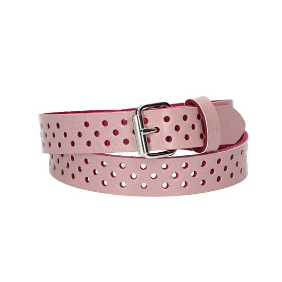 Ledergürtel Mini 20mm in Rosa mit durchgehender Lochung und dunkler Rollschließe - leder-accessoires.com