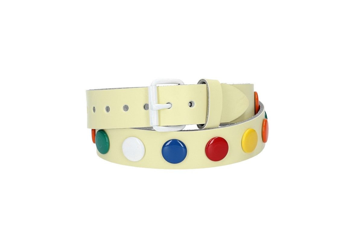 Ledergürtel Kids 25mm in Hellgelb mit bunten Nieten und Rollschließe Weiß - leder-accessoires.com