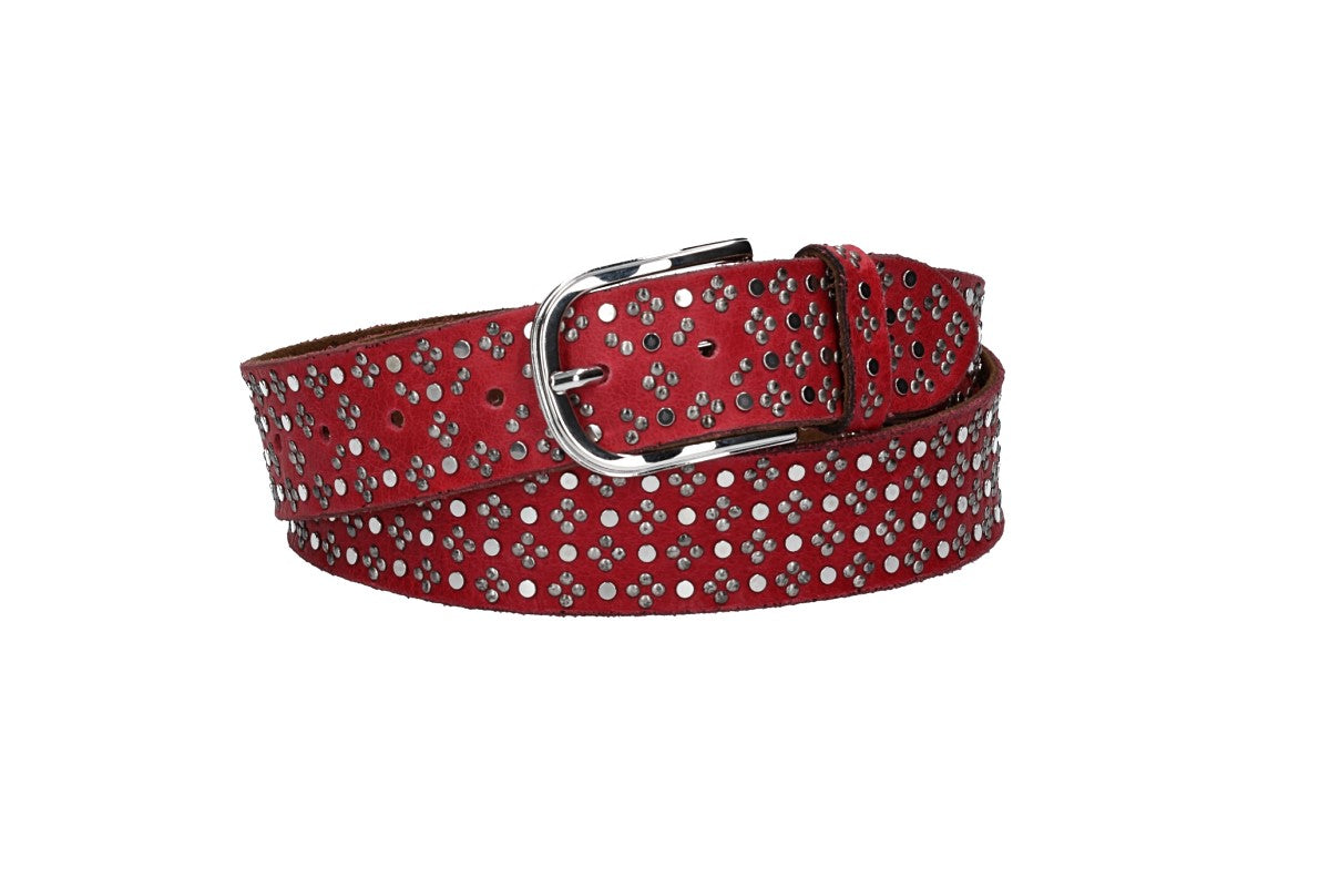 Nietengürtel 35mm in Rot und glänzende Dornschließe Silber - leder-accessoires.com