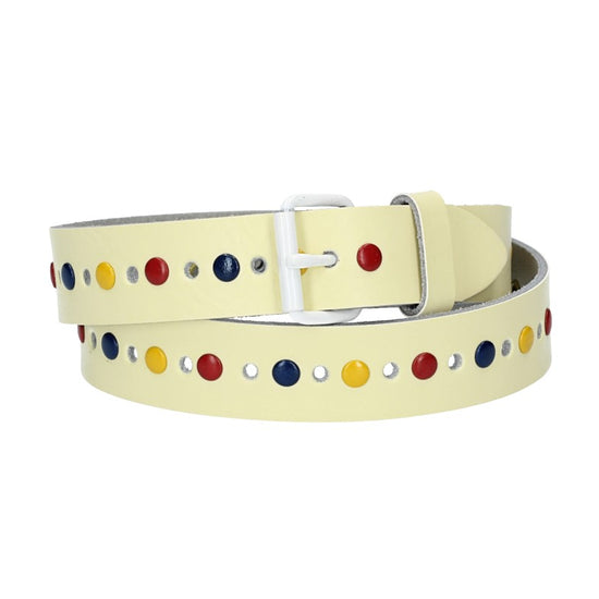 Ledergürtel Kids 25mm in Hellgelb mit durchgehender Lochung, bunten Nieten und weißer Rollschließe - leder-accessoires.com