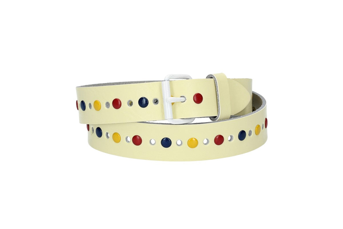 Ledergürtel Kids 25mm in Hellgelb mit durchgehender Lochung, bunten Nieten und weißer Rollschließe - leder-accessoires.com