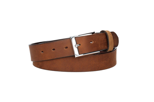 Ledergürtel Cognac 35mm mit Dornschließe in Silber - leder-accessoires.com