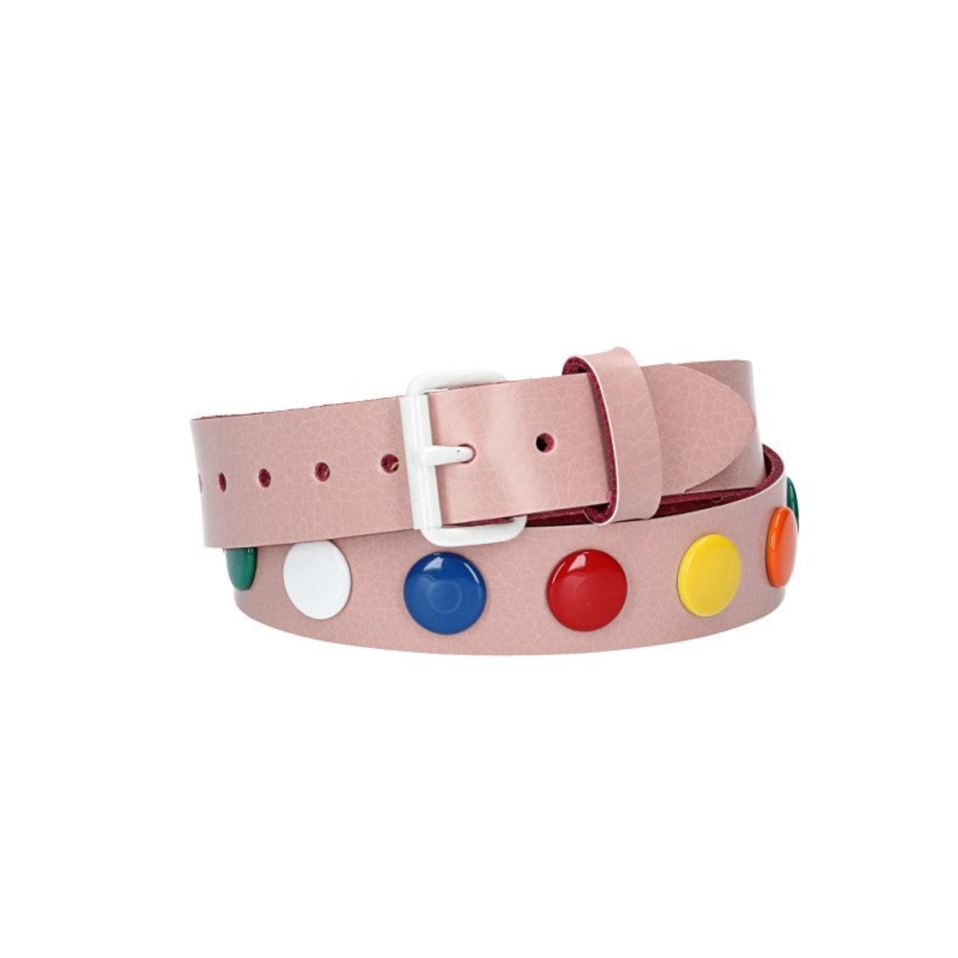 Ledergürtel Kids 25mm in Hellrosa mit bunten Nieten und Rollschließe Weiß - leder-accessoires.com