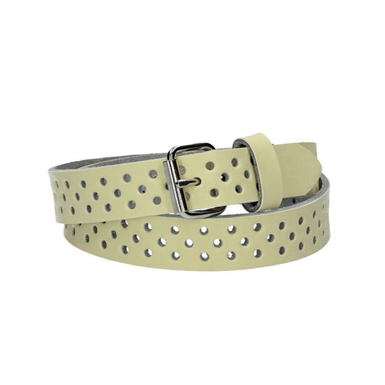 Ledergürtel Mini 20mm in Hellgelb mit durchgehender Lochung und dunkler Rollschließe - leder-accessoires.com