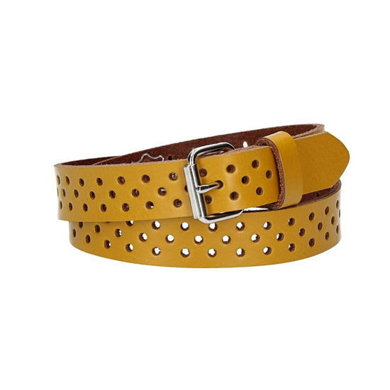Ledergürtel Mini 20mm in Gelb mit durchgehender Lochung und dunkler Rollschließe - leder-accessoires.com