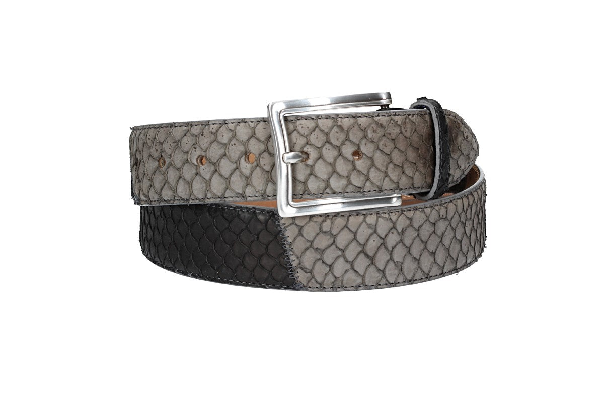 Schlangenledergürtel 40mm Grau|Schwarz mit Schließe in Silber - leder-accessoires.com