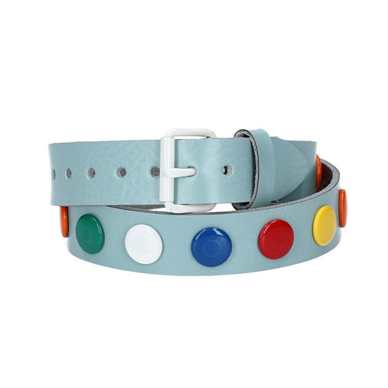 Ledergürtel Kids 25mm in Hellblau mit bunten Nieten und Rollschließe Weiß - leder-accessoires.com