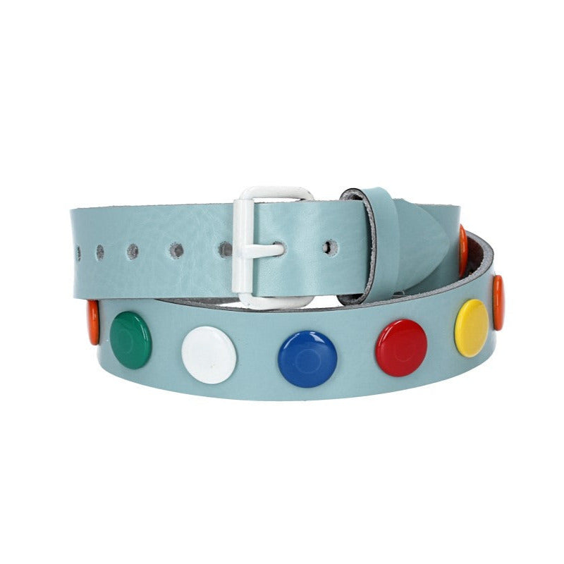 Ledergürtel Kids 25mm in Hellblau mit bunten Nieten und Rollschließe Weiß - leder-accessoires.com