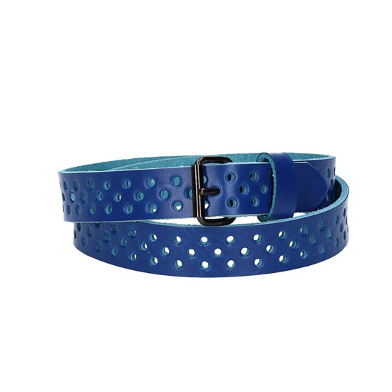 Ledergürtel Mini 20mm in Kobaltblau mit durchgehender Lochung und dunkler Rollschließe - leder-accessoires.com