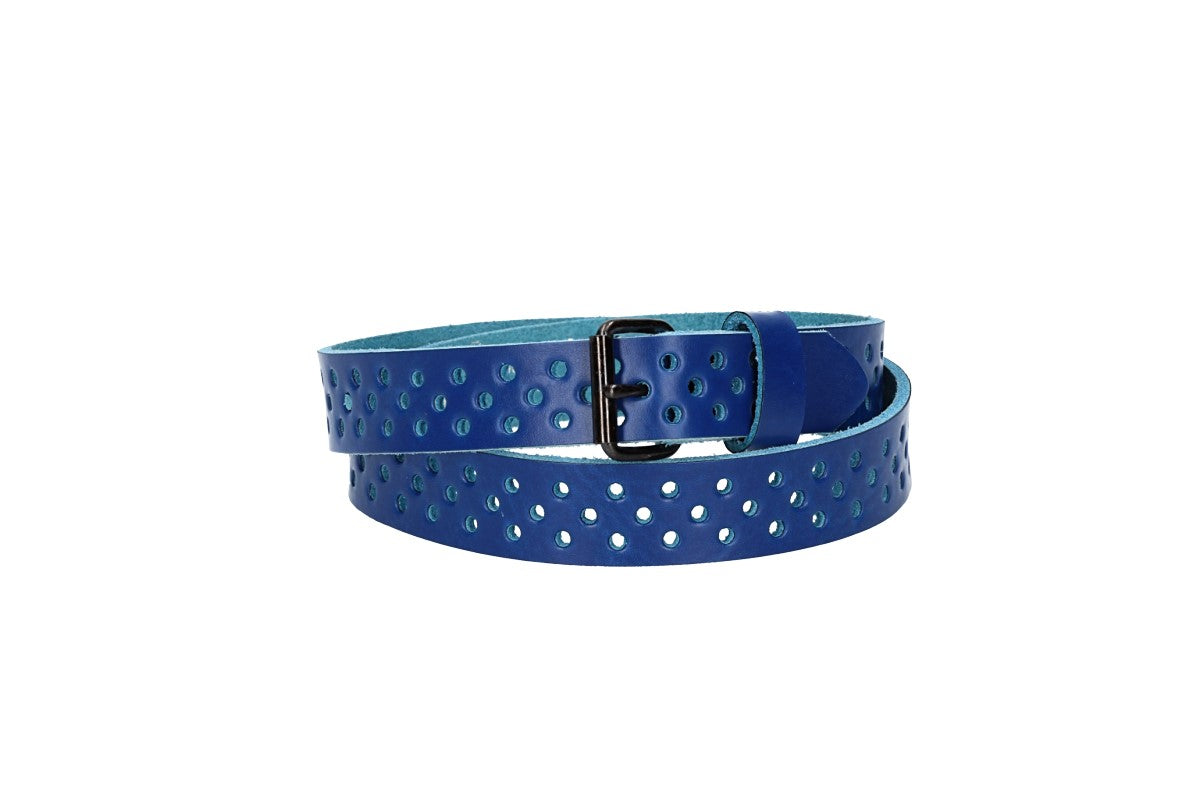 Ledergürtel Mini 20mm in Kobaltblau mit durchgehender Lochung und dunkler Rollschließe - leder-accessoires.com