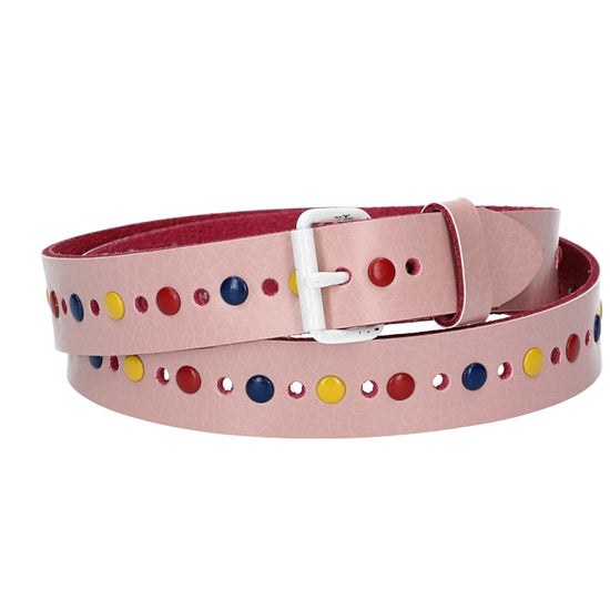 Ledergürtel Kids 25mm in Hellrosé mit durchgehender Lochung, bunten Nieten und weißer Rollschließe - leder-accessoires.com