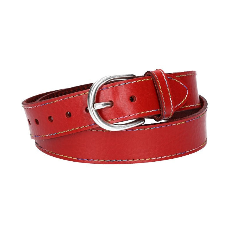 Ledergürtel Kids 25mm in Rot mit Multicolornaht und Dornschließe in Silber - leder-accessoires.com