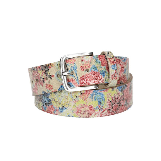 Ledergürtel Kids 30mm in Beige mit floralem Muster und Schließe Silber - leder-accessoires.com